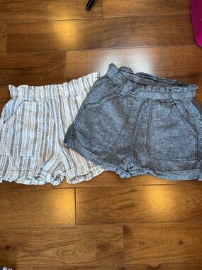 TIME & TRU High Waist Linen Shorts - Blue and Black/White Stripe